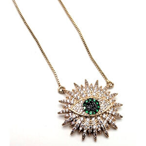 Green And White Cz multi-stone Evil Eye goldtone Necklace 18" W/ Extender nice!